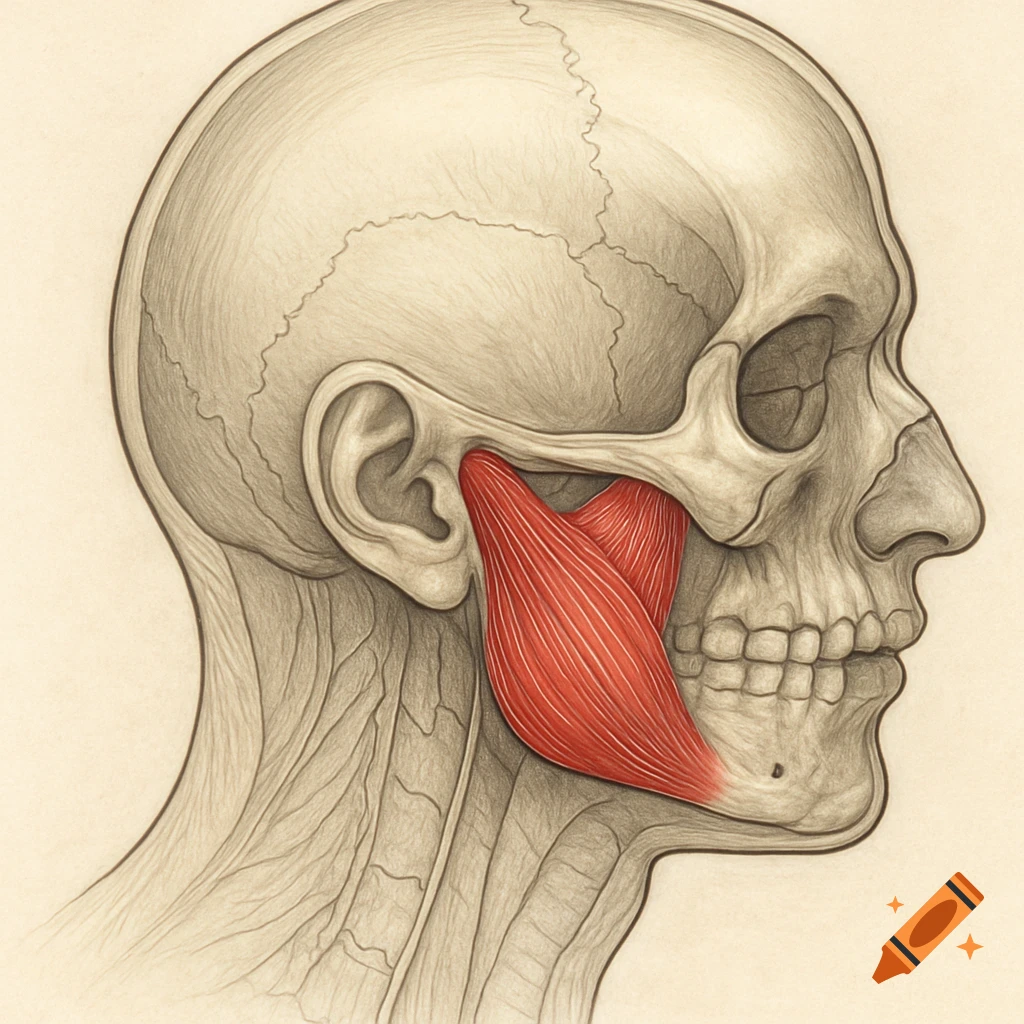 Detailed profile drawing of a human skull with the masseter muscle highlighted in red, anatomical illustration.
