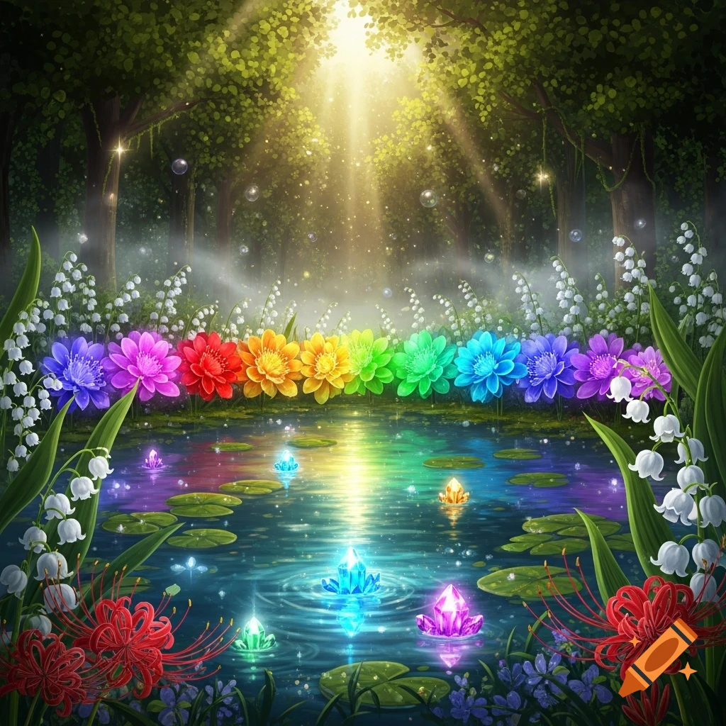 An enchanted forest lake with a rainbow of vibrant flowers, glowing crystals, and ethereal sunbeams filtering through trees.