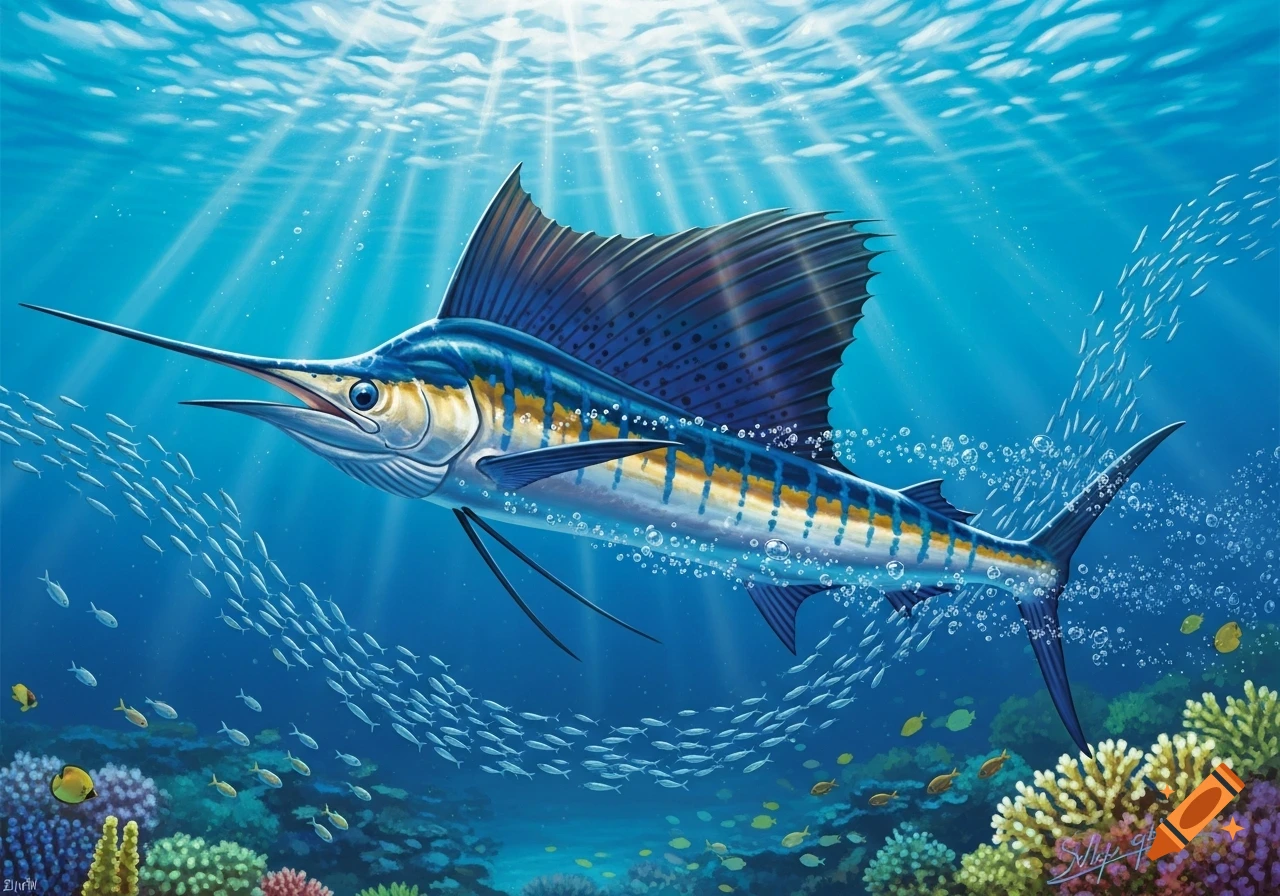 A vibrant illustration of a sailfish with blue and yellow stripes swimming underwater amidst schools of small fish and coral reefs, with sun rays piercing through the water.