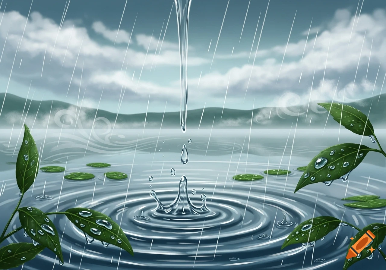 An illustration of rain falling into a lake, creating ripples and dripping off green leaves in the foreground under a cloudy sky.