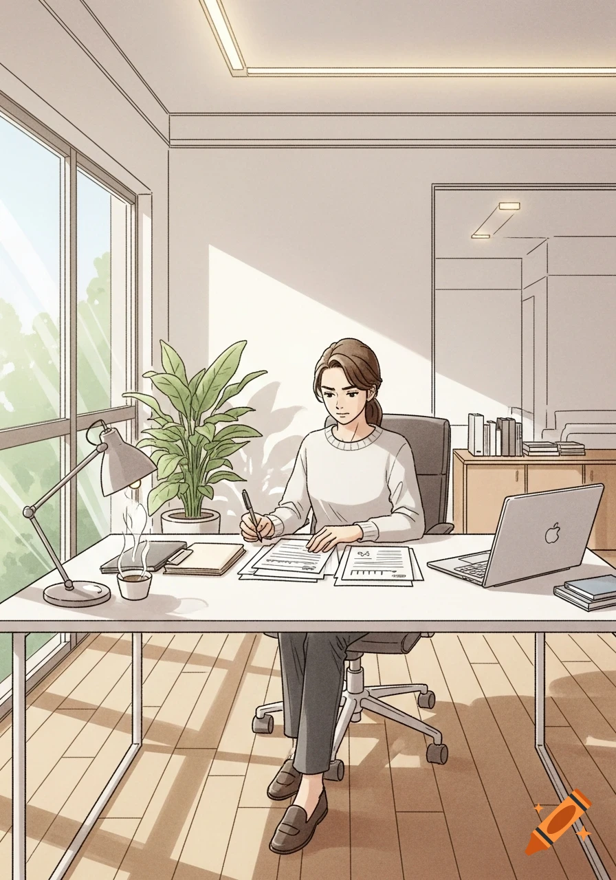 A woman in a white sweater writes on papers at a desk in a bright office with a laptop and a plant. Stylized illustration.
