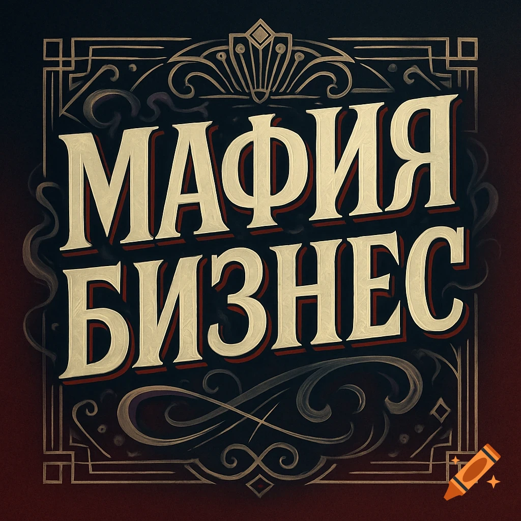 Decorative Art Deco style text in Cyrillic reads 'MAFIA BIZNES' (Mafia Business) in cream with red shadows, on a dark background with gold line art.