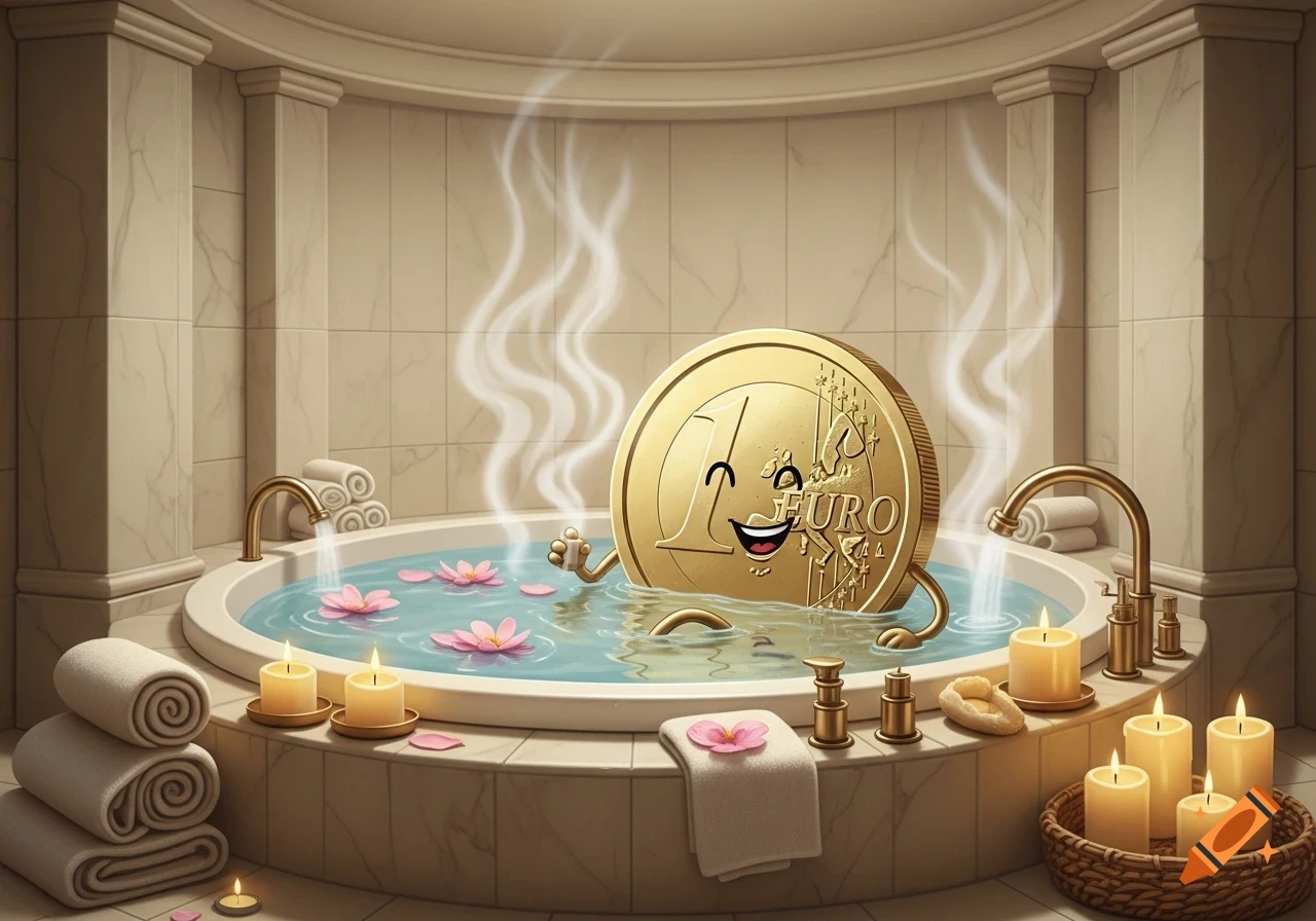 A cheerful anthropomorphic euro coin relaxes in a steaming spa bath filled with pink lotus flowers, surrounded by candles and towels.