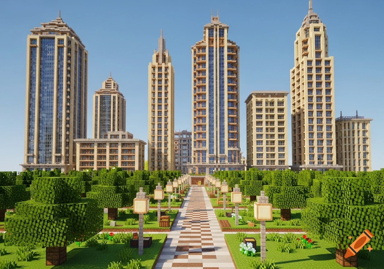 A Minecraft city with multiple tall skyscrapers and a lush park ...