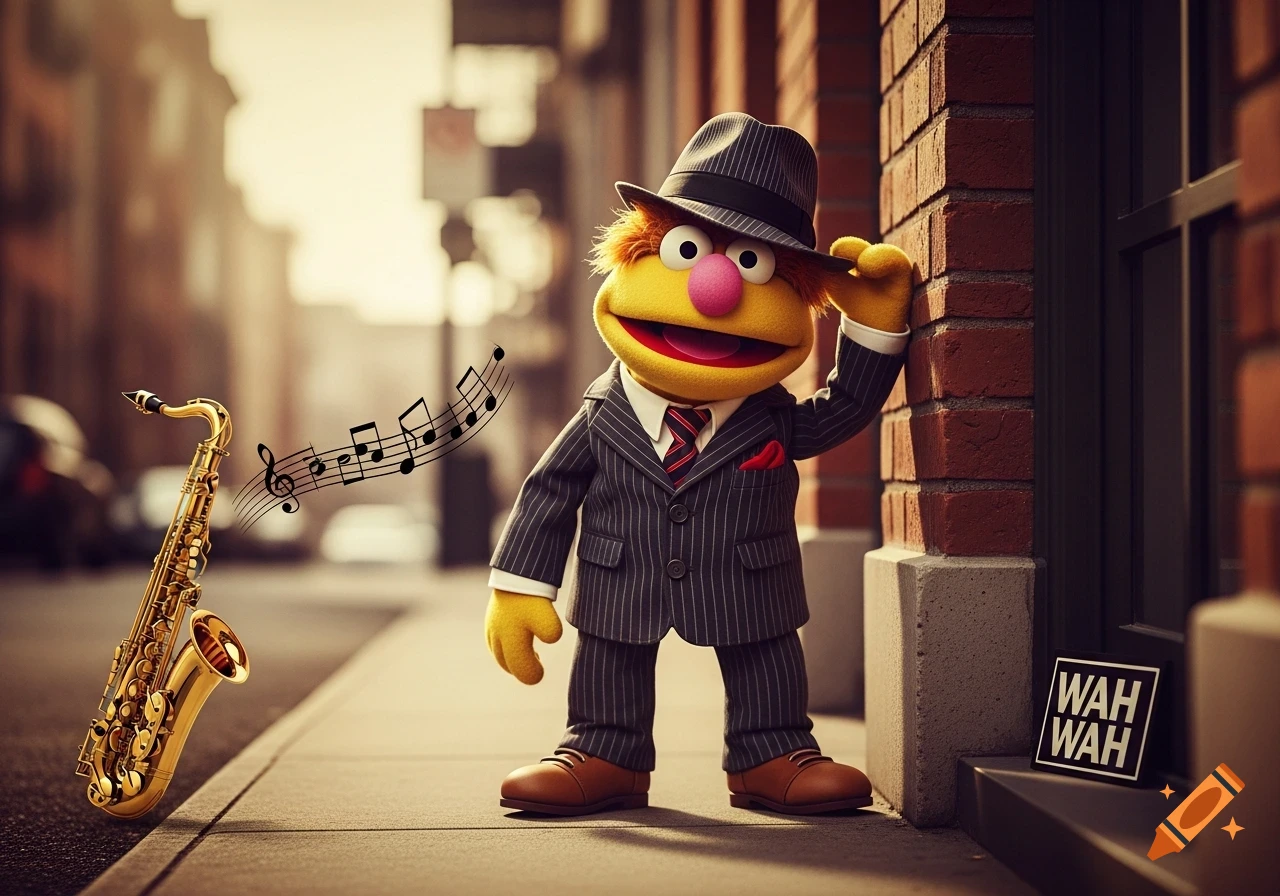 A photorealistic Muppet-like character in a pinstripe suit and fedora stands on a city sidewalk next to a saxophone with musical notes.