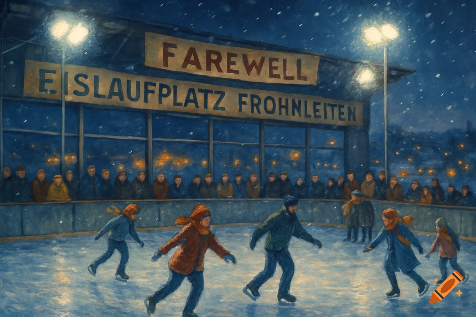 Painterly scene of people ice skating at night on an outdoor rink during snowfall, with spectators and a building in the background.