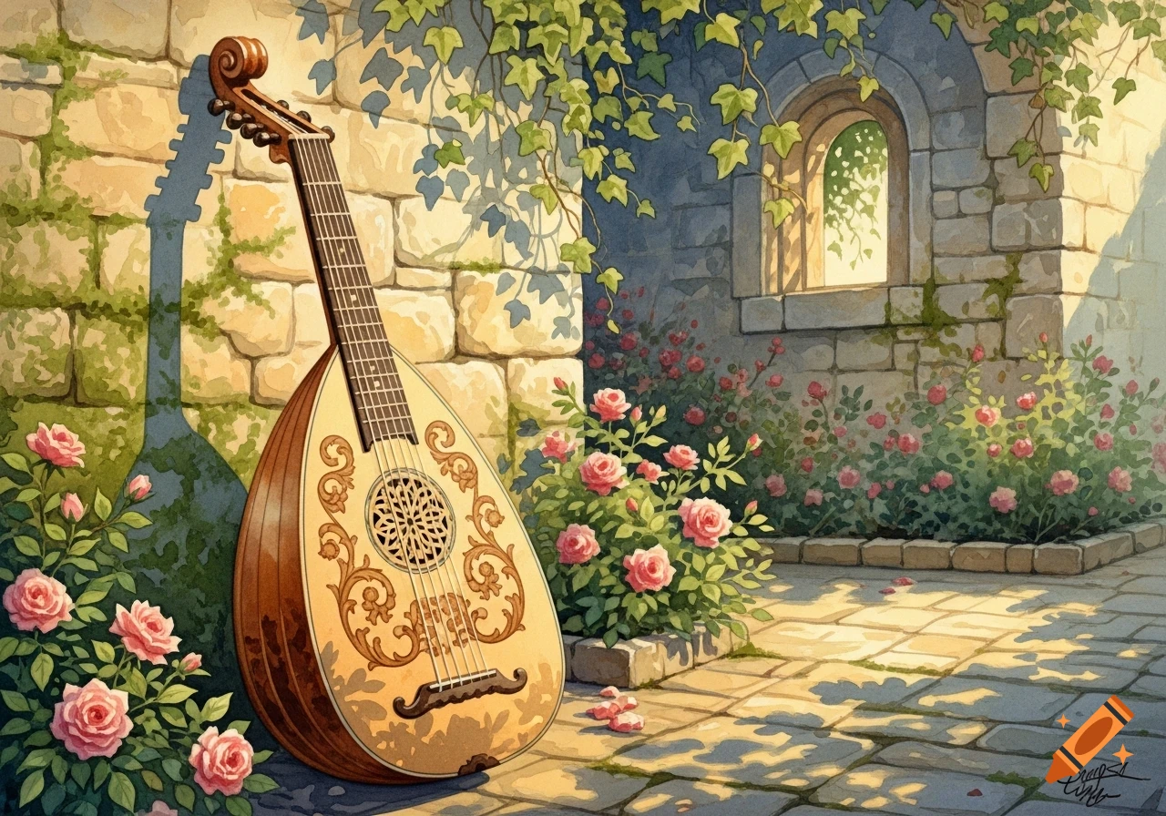 A watercolor painting of a lute leaning against a stone wall with pink roses and ivy under sunlight.