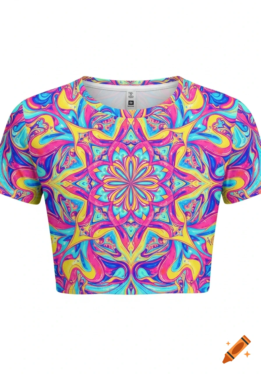 A vibrant crop top featuring a symmetrical, psychedelic mandala pattern in pink, yellow, blue, and cyan on a white background.