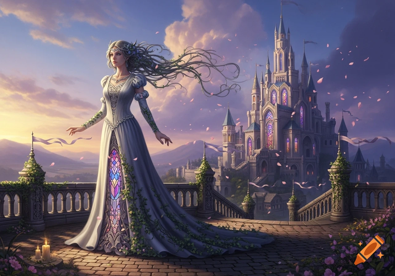 A regal woman in a white gown with stained-glass details and vine-like hair stands on a balcony overlooking a fantasy castle at sunset, digital painting.