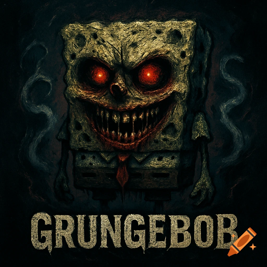 A terrifying, decaying SpongeBob with glowing red eyes and sharp teeth, over the text 'GRUNGEBOB' in a gritty style.