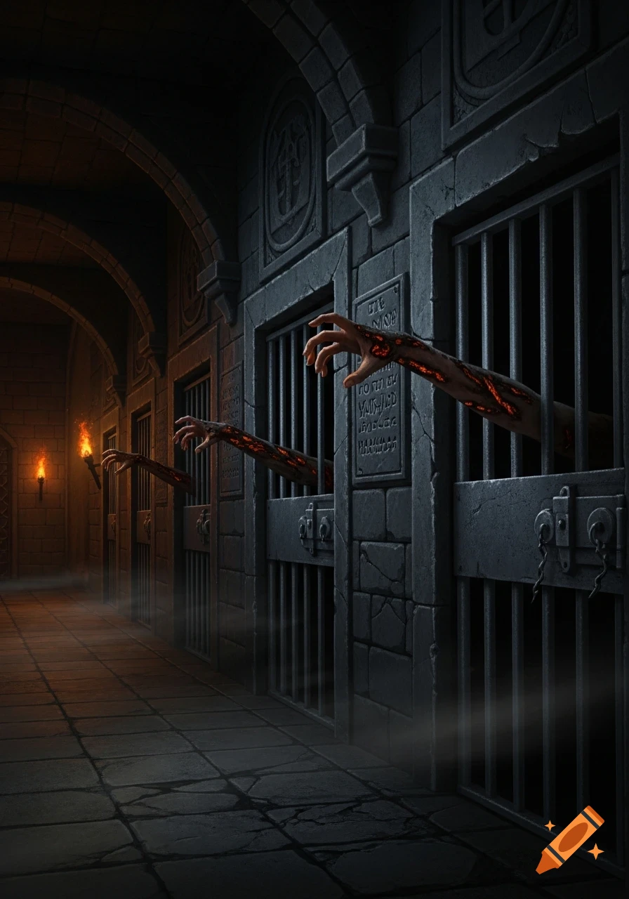 Dark, grim crypt with stone cells and barred doors. Scorched, glowing arms reach out between the bars of the cells, illuminated by torches in the background.