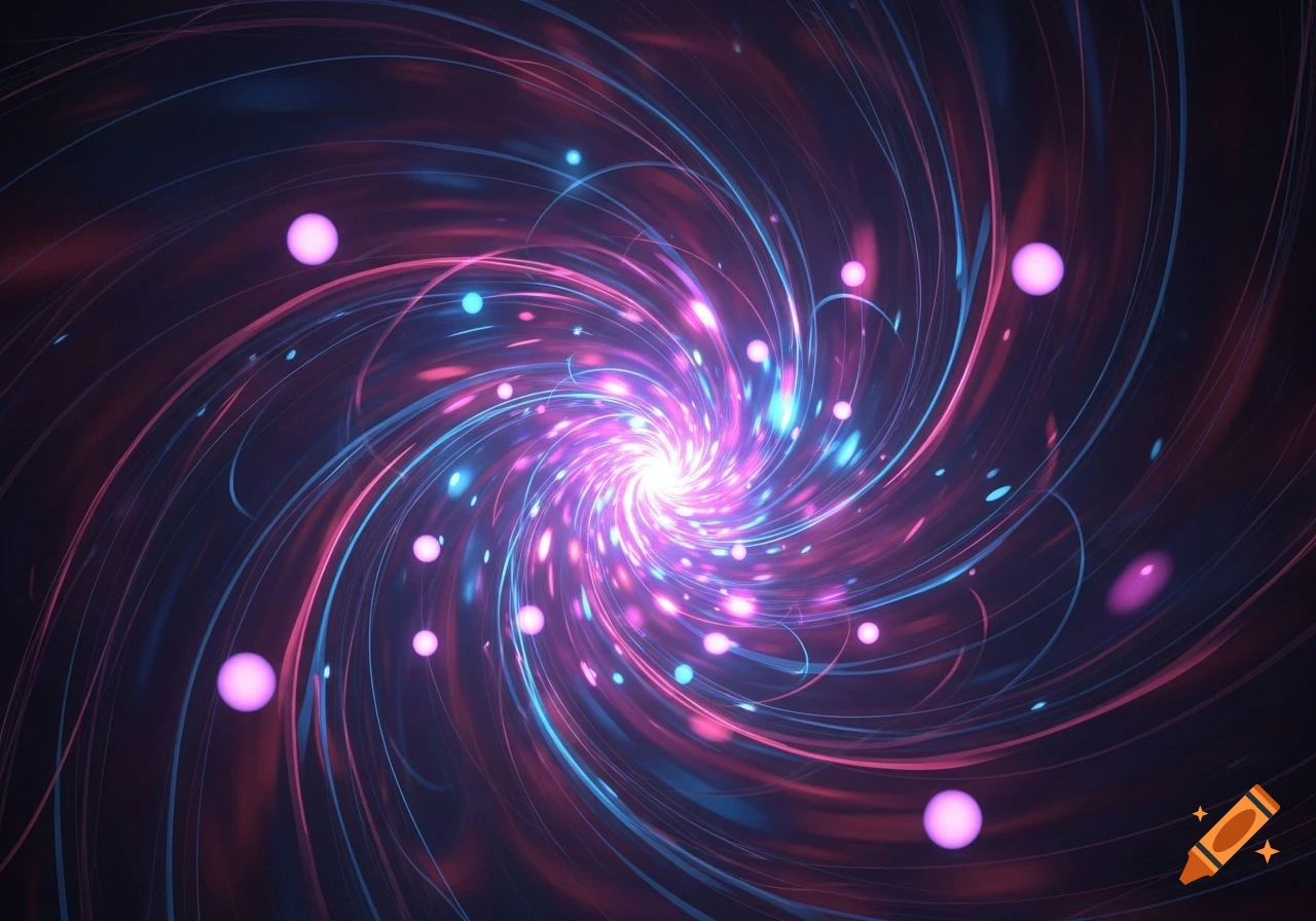 Vibrant abstract image of a swirling vortex of pink and blue neon lights with glowing spheres against a dark background.