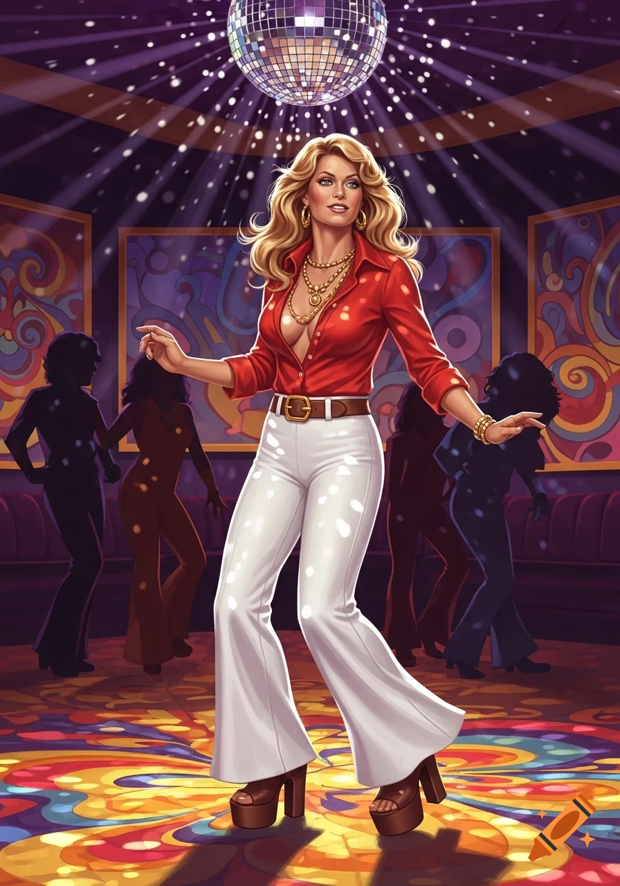 Stylized illustration of a blonde woman in a red shirt and white bell-bottoms dancing in a 70s disco club.