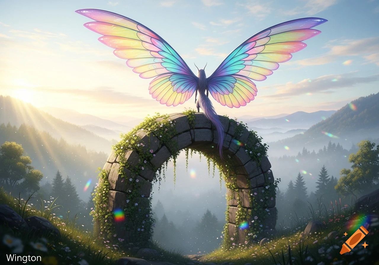 A magical creature with vibrant rainbow butterfly wings stands atop a moss-covered stone arch, overlooking a misty mountain valley at sunrise.
