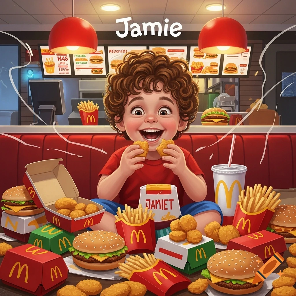 A happy, curly-haired child sits surrounded by McDonald's food, holding chicken nuggets. The setting is a McDonald's restaurant with a menu in the background. Stylized illustration.