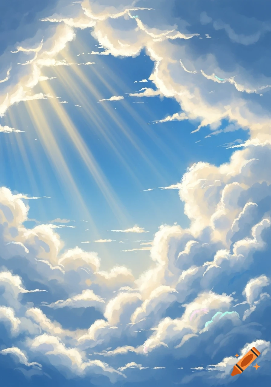 A vibrant anime-style illustration of a bright blue sky filled with white clouds, with golden sun rays breaking through.