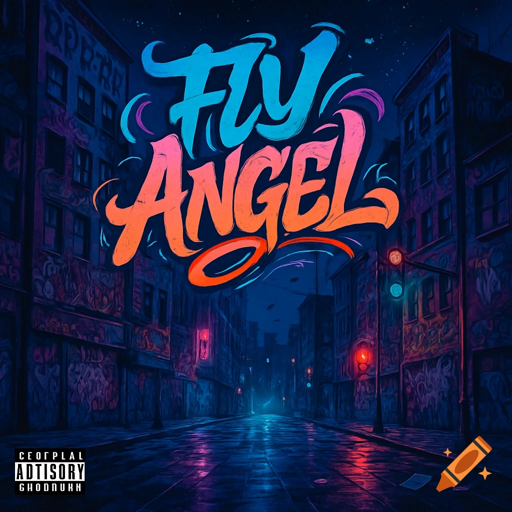 Neon-lit city street at night with graffiti-covered buildings and large, stylized blue and orange text reading 'Fly Angel'.