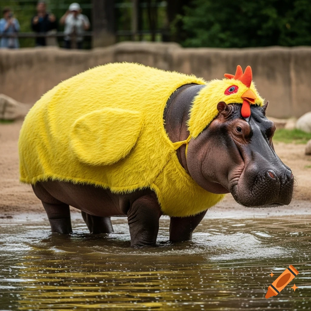 Photorealistic hippopotamus wearing a bright yellow chicken costume, standing in shallow water.