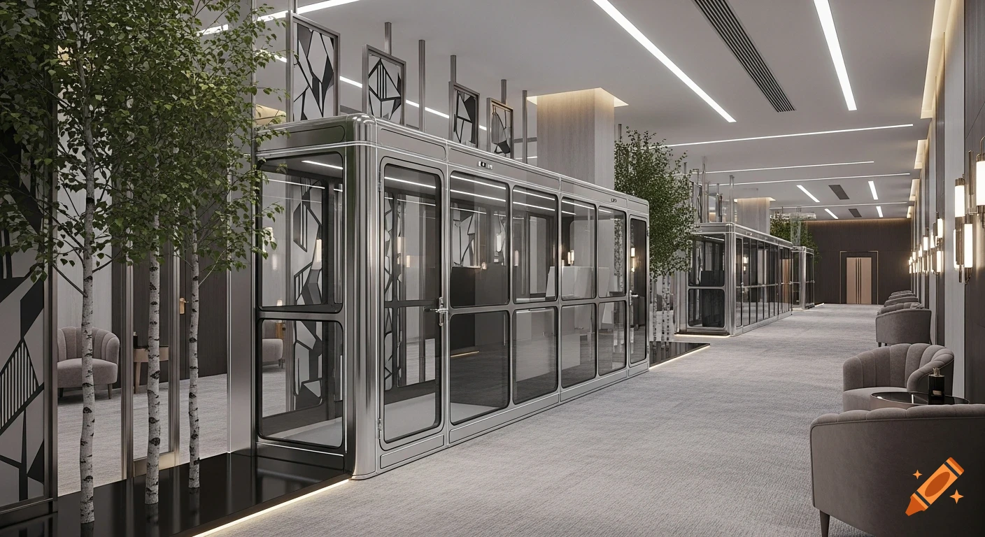 A long, modern hotel lobby features a series of glass and metal vocal booths, indoor trees, a gray carpeted floor, and seating areas with armchairs. Linear lights illuminate the ceiling.