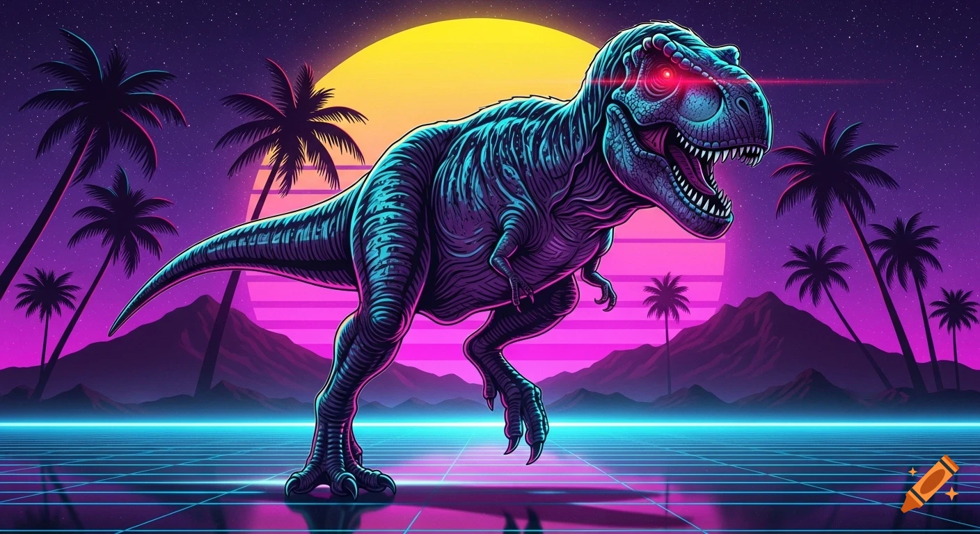 A neon-lit Tyrannosaurus Rex with glowing red eyes in a retro synthwave landscape with palm trees, mountains, and a vibrant sunset.