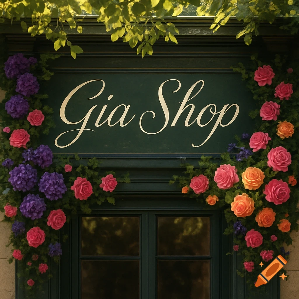 A shop facade with 'Gia Shop' written in elegant script, adorned with lush purple, pink, and orange flowers, and green foliage.