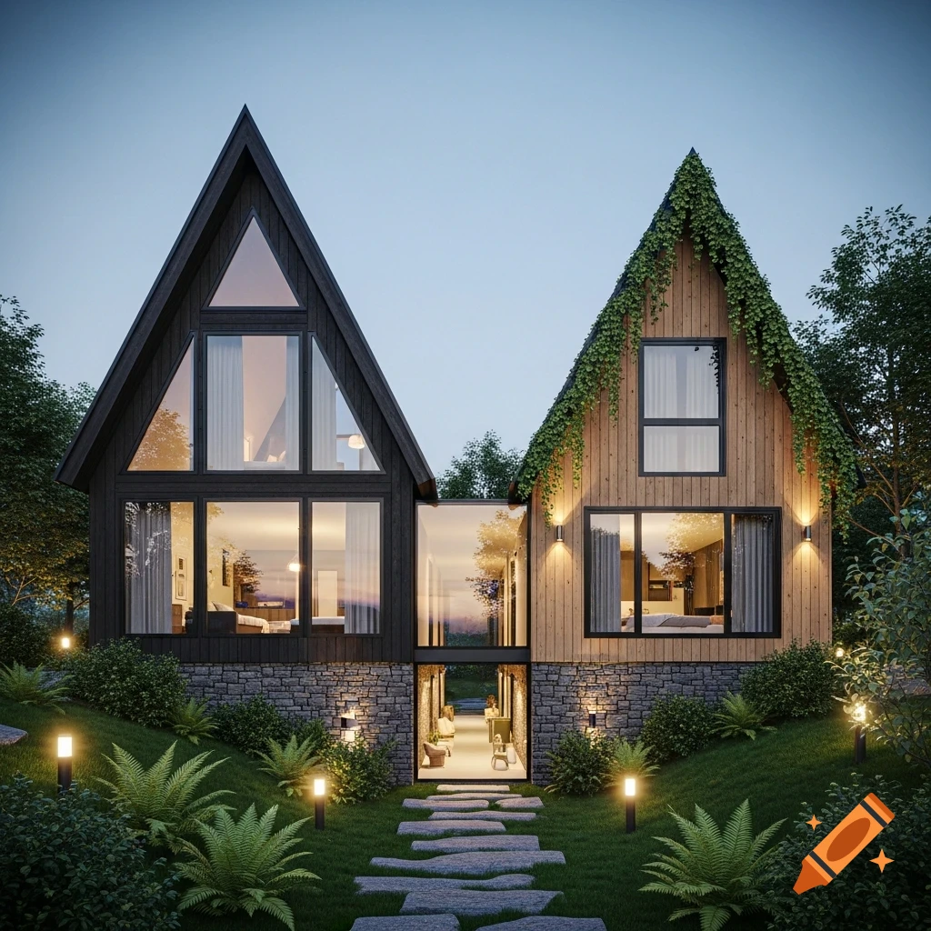 Two modern A-frame houses, one dark and one wooden, connected by a glass tunnel, surrounded by lush green landscaping.