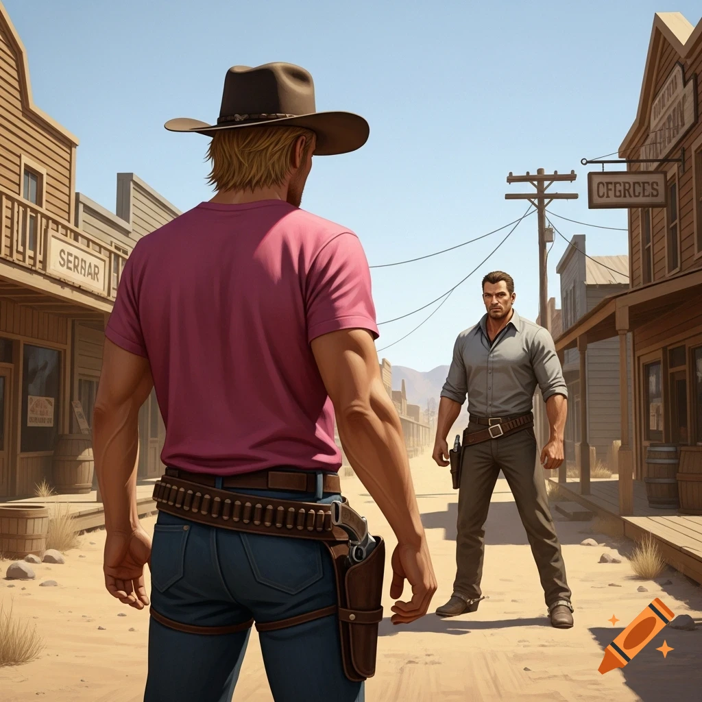 Two cowboys in a dusty Western town street face each other, ready for a gunfight in a photorealistic style.