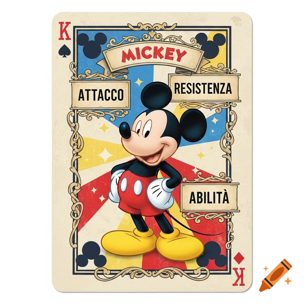 Mickey Mouse on a King playing card in vintage Disney cartoon style, featuring Italian text: 'Attacco', 'Resistenza', 'Abilità'.