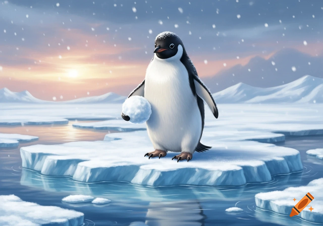 A cartoonish penguin stands on an ice floe, holding a snowball, with snow falling and a sunset in the background.