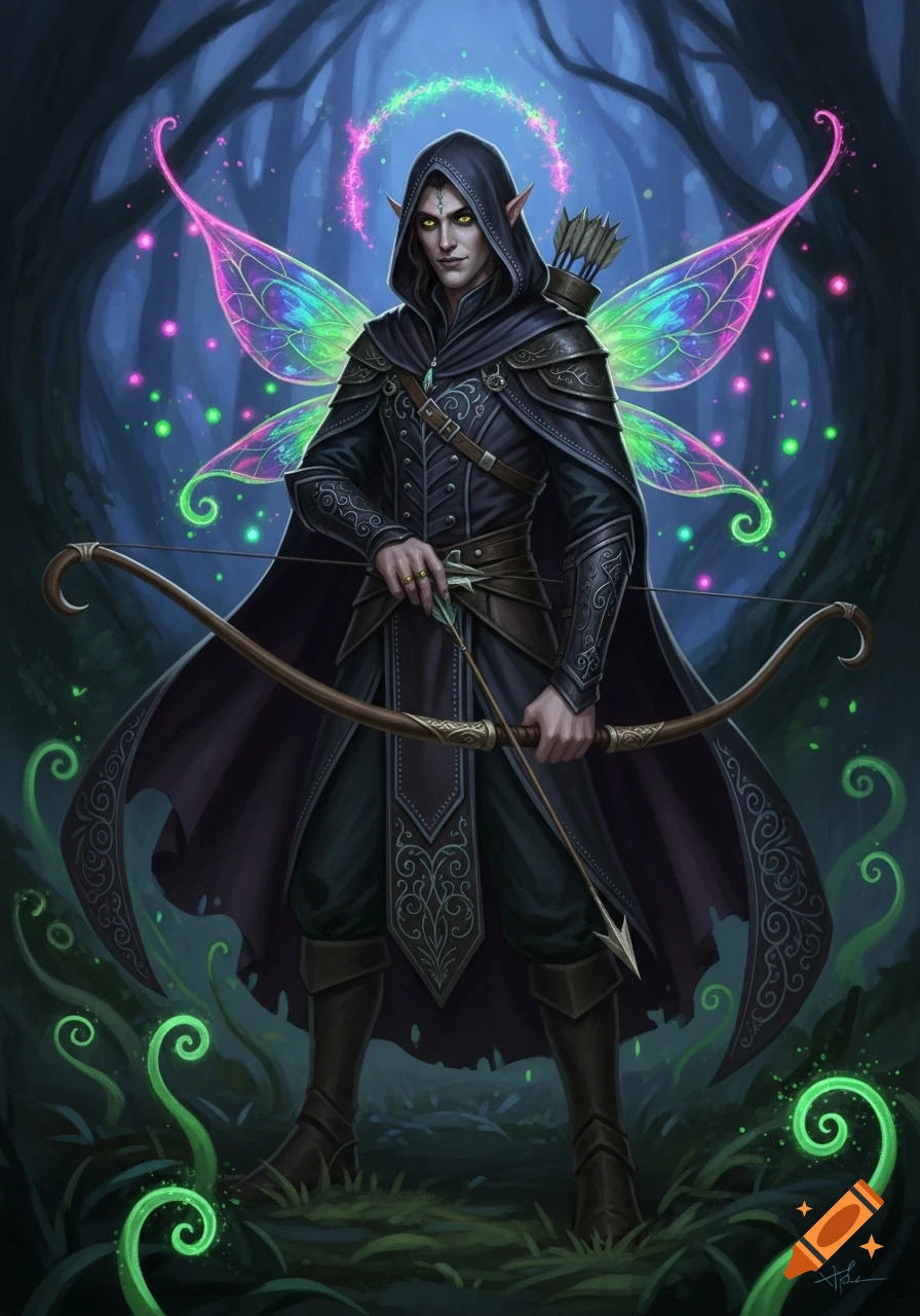 Detailed digital painting of a dark-cloaked male elf with glowing butterfly wings, holding a bow and arrow in a magical, glowing forest.