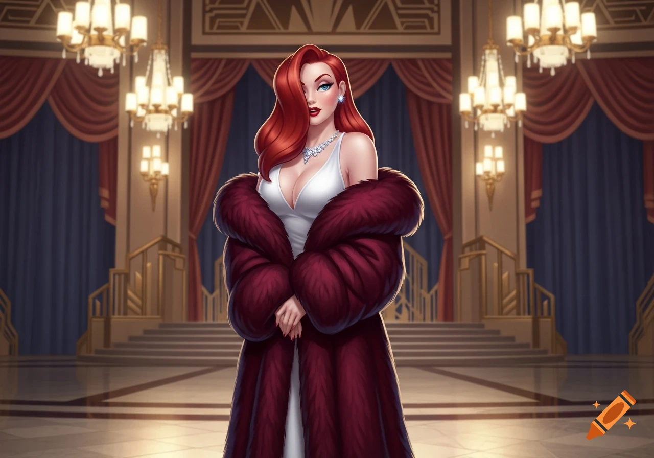 Jessica Rabbit in a white dress and red fur coat stands in a grand art deco-style ballroom.