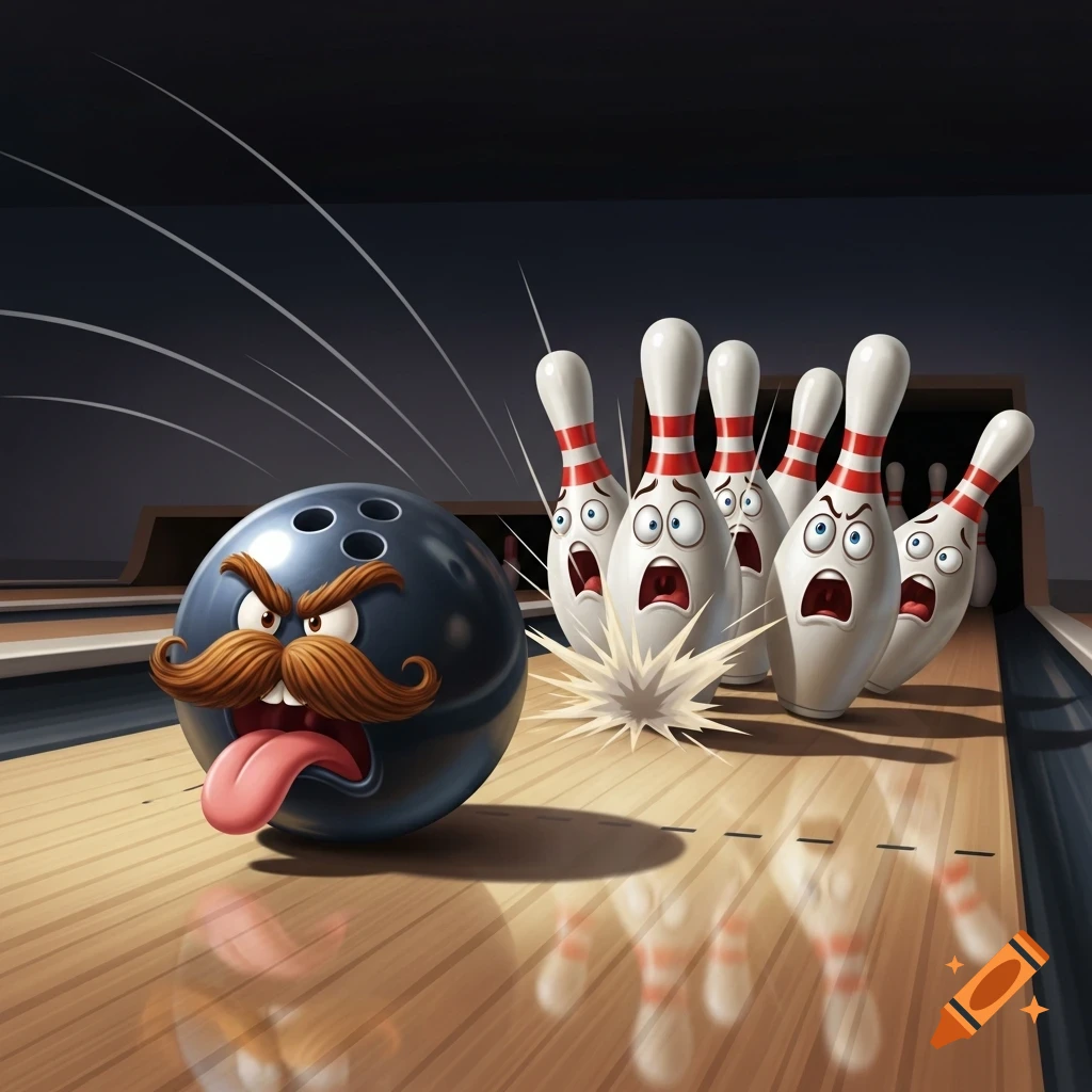 A cartoon bowling ball with a mustache and tongue sticking out crashes into terrified bowling pins on a lane.