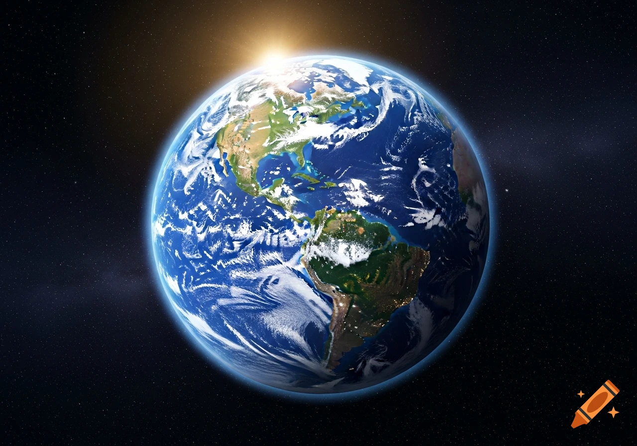 Photorealistic view of Earth from space, with North and South America visible, and the sun rising on the right horizon.