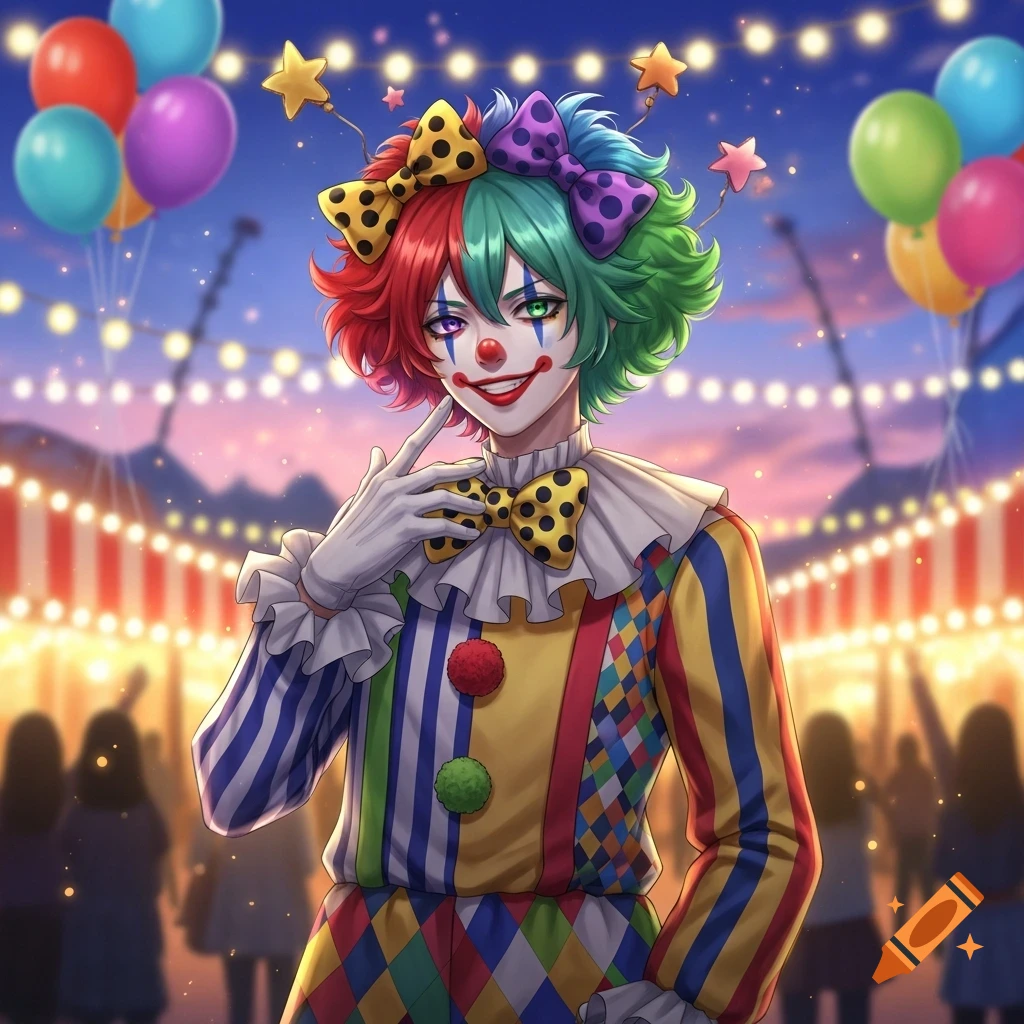Anime clown character with multi-colored hair and a polka dot bow tie, smiling at a carnival with balloons and string lights in the background.