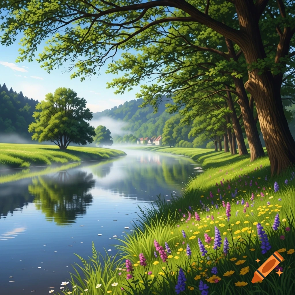 Vibrant illustration of a winding river flowing through a lush green valley with trees, wildflowers, and distant houses under a clear blue sky.