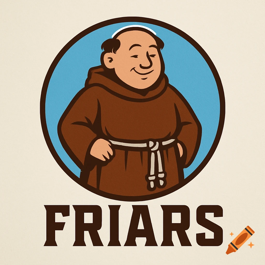 A cartoon logo of a smiling monk in a brown robe inside a blue circle, with 'FRIARS' text below.