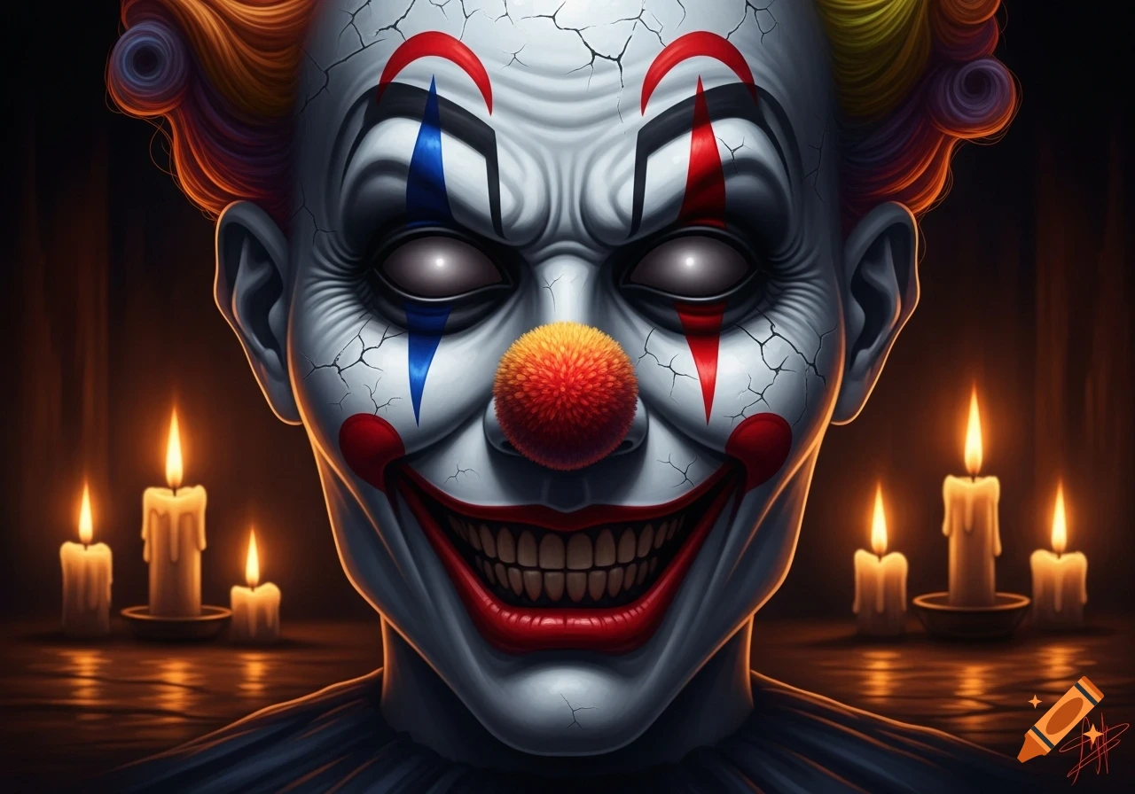 A terrifying clown with cracked white skin, glowing eyes, red nose, and exaggerated makeup, surrounded by flickering candles in a dark, atmospheric horror scene.