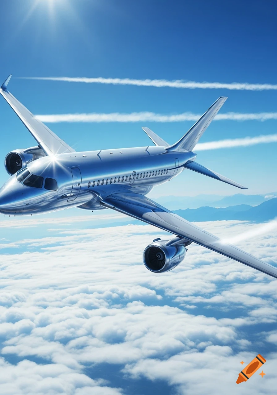 A shiny metallic airplane flies high above a layer of fluffy white clouds under a bright blue sky with sun glare.