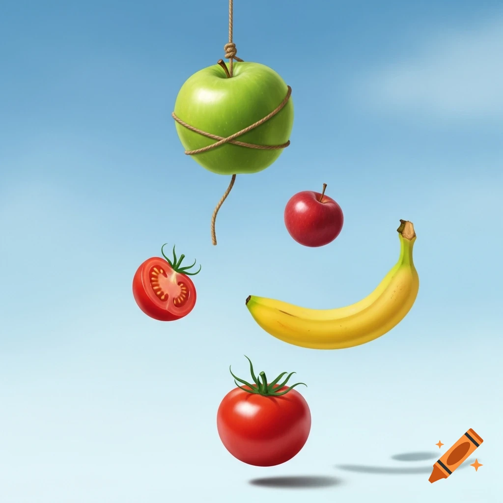 A green apple tied with rope hangs from above, while a red apple, a banana, and two tomatoes float against a light blue background.