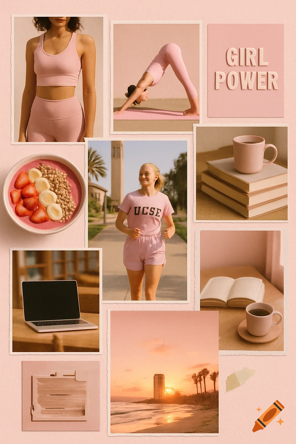 A pastel pink aesthetic collage featuring lifestyle photos including women in fitness wear, a smoothie bowl, a woman jogging, coffee, books, a laptop, and a beach sunset, with "GIRL POWER" text.