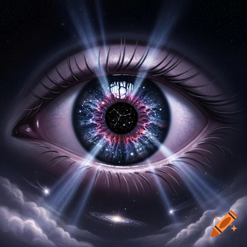 A close-up of a cosmic eye with a galaxy in its iris, radiating light beams in a dark starry space with clouds.