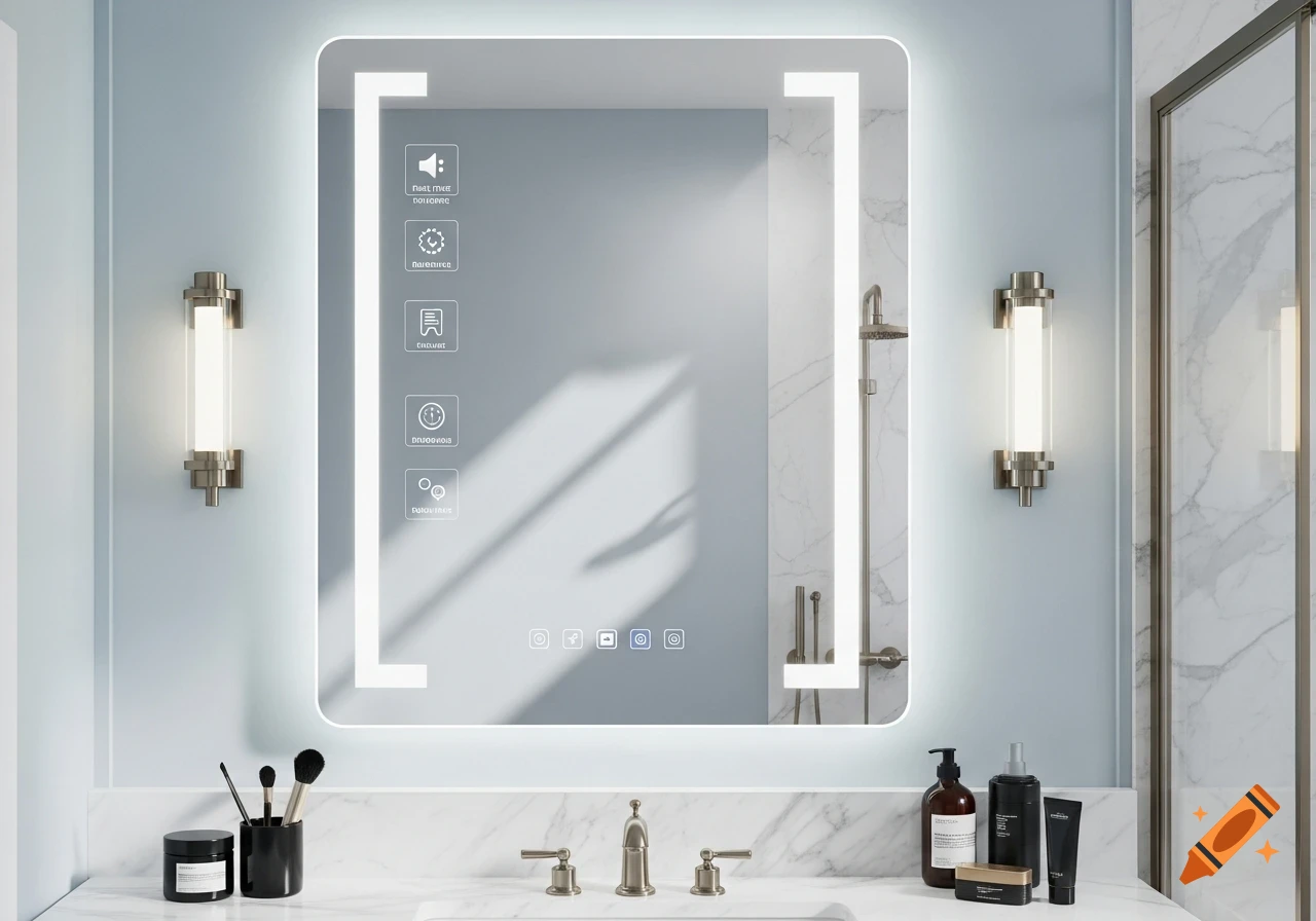 A modern bathroom features a large smart mirror with an illuminated frame and digital icons. Below, a marble vanity holds a sink, faucet, and grooming products. Wall sconces provide additional light.