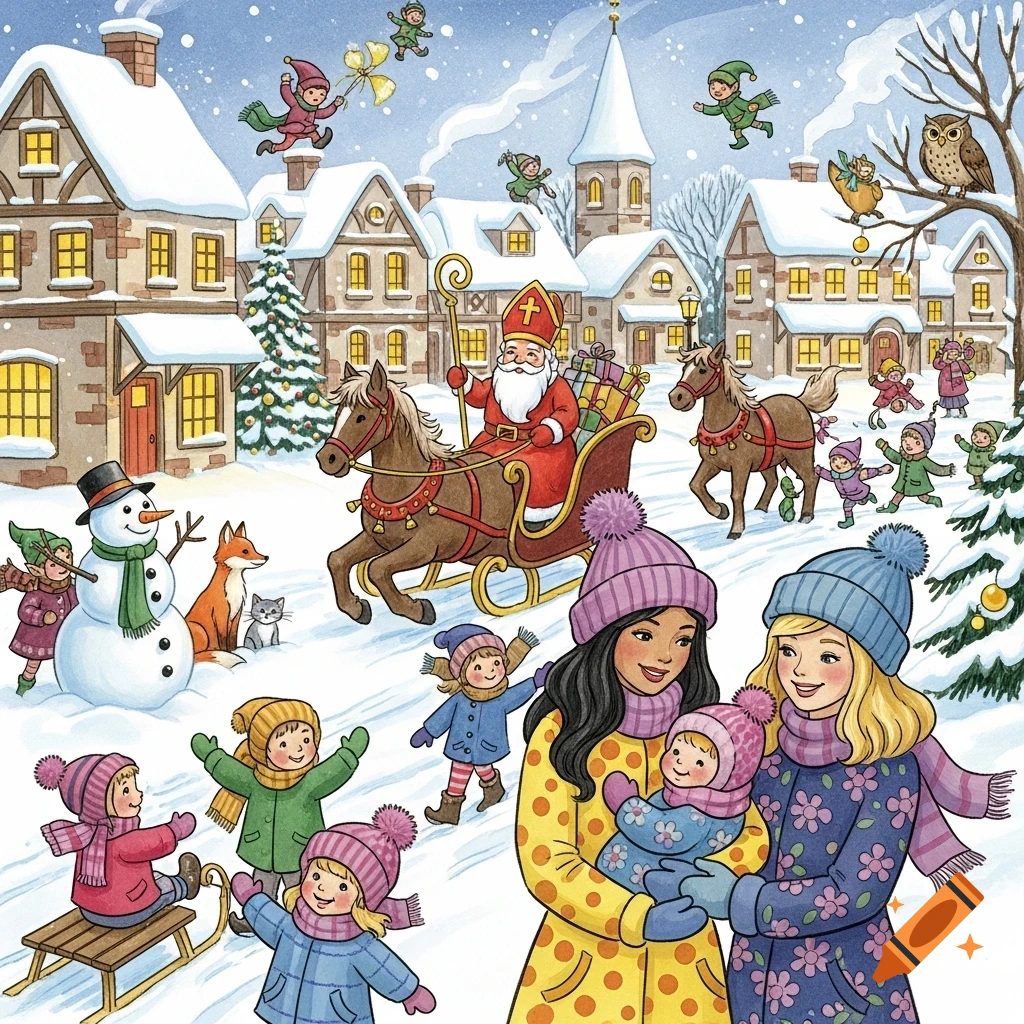 Watercolor illustration of a festive winter village with Nikolaus in a sleigh, playing children, a snowman, animals, and two women holding a baby.