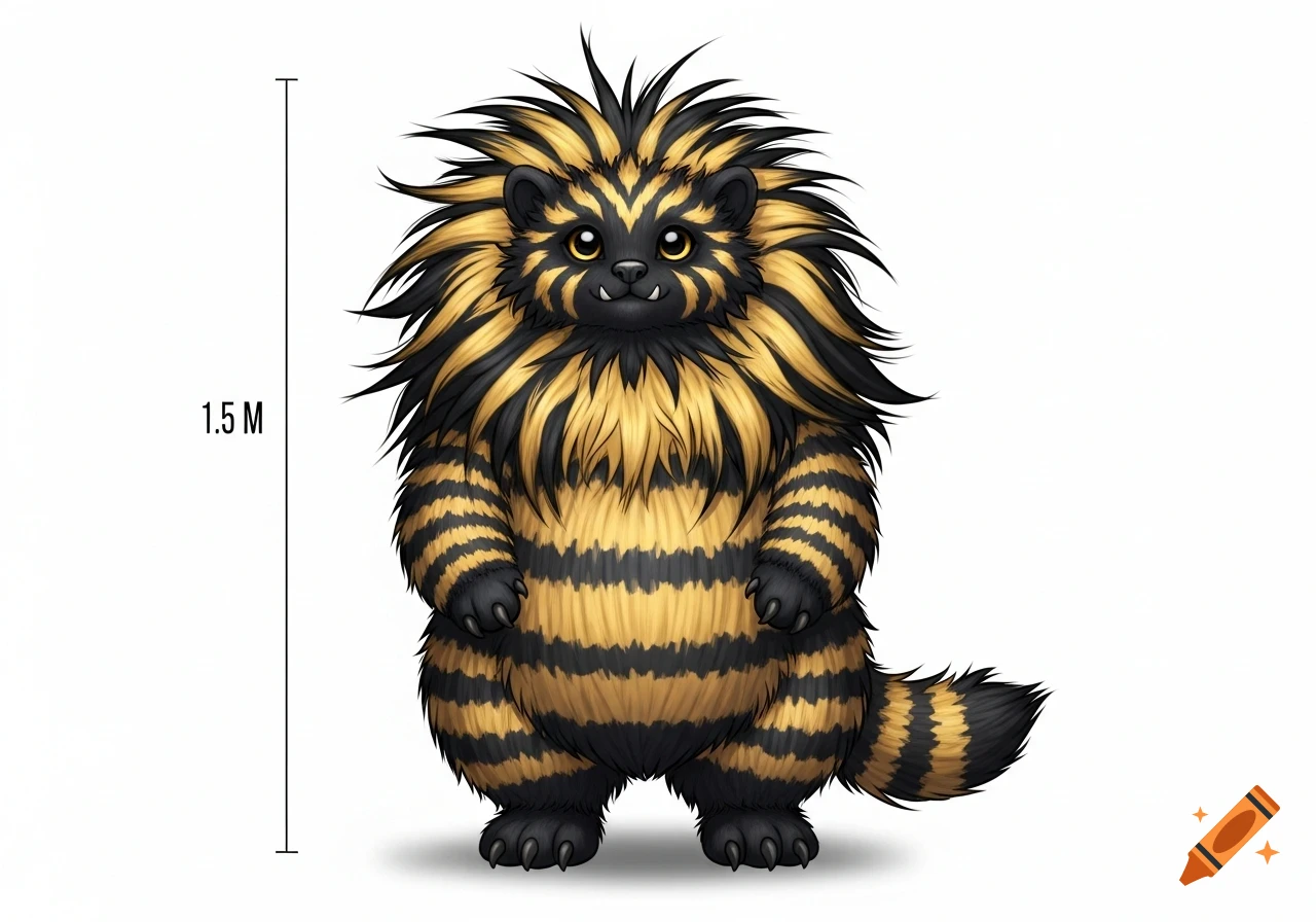 A cartoon fantasy creature with black and gold striped, spiky fur and large eyes, standing next to a 1.5 M height marker.