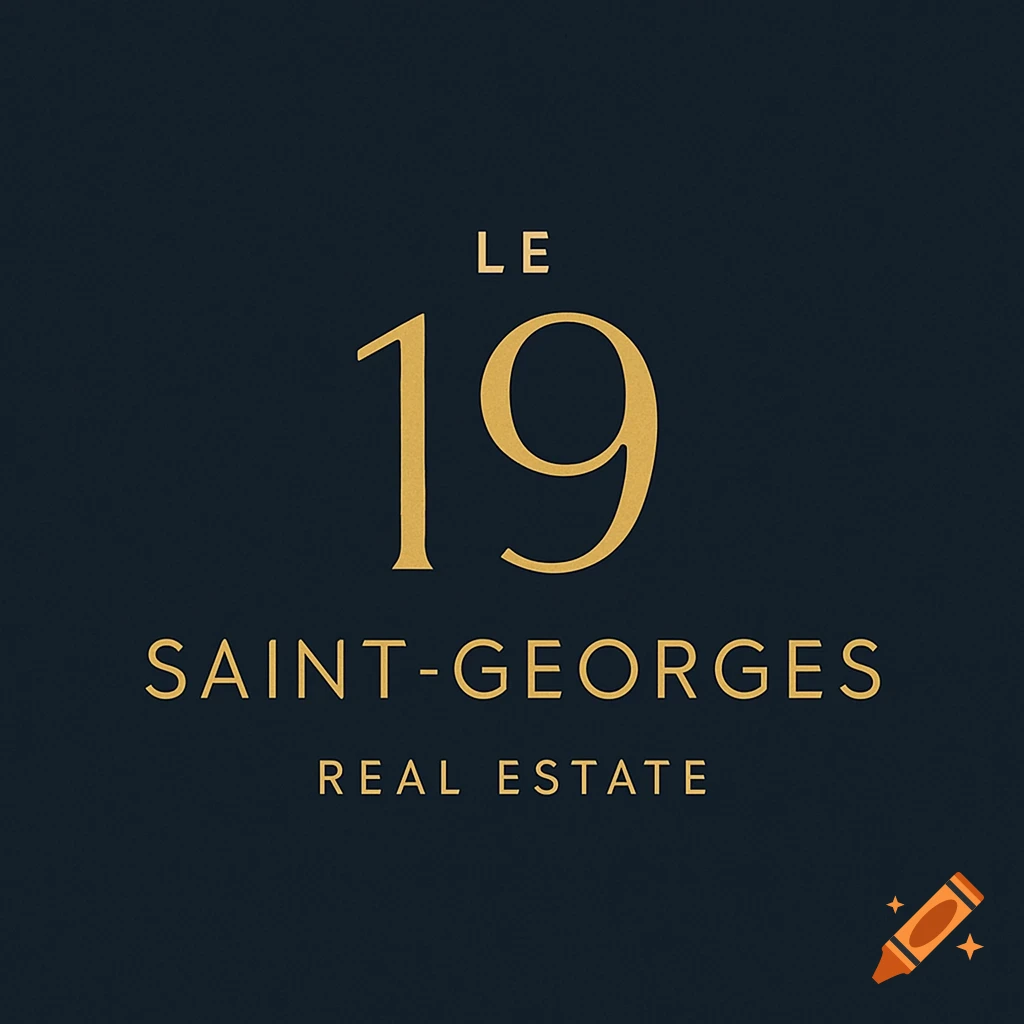 A minimalist real estate logo with 'LE 19 SAINT-GEORGES REAL ESTATE' in gold text on a dark blue background.