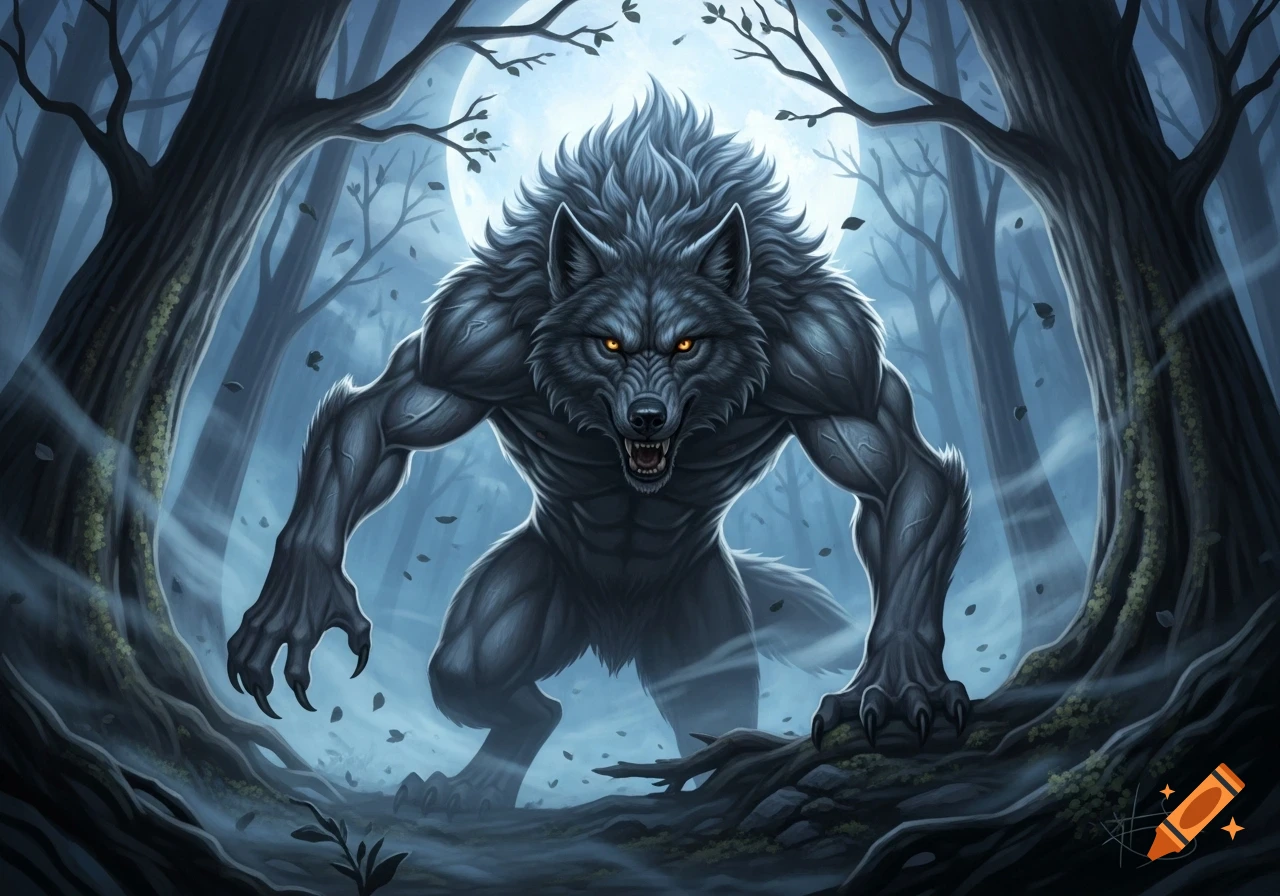 Powerful grey werewolf with glowing orange eyes stands menacingly in a dark, misty forest under a bright full moon, stylized illustration.