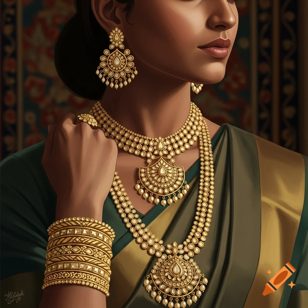 Close-up digital art portrait of an Indian woman adorned in elaborate gold jewelry, including layered necklaces, earrings, bangles, and a ring.