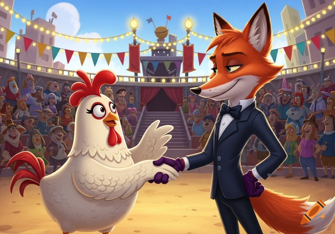 A cartoon chicken and a fox in a tuxedo shake hands in an arena filled with cartoon animal spectators.