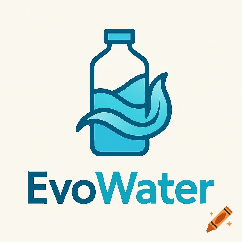 Modern blue logo for EvoWater with a stylized water bottle, waves, and a leaf, above the company name.