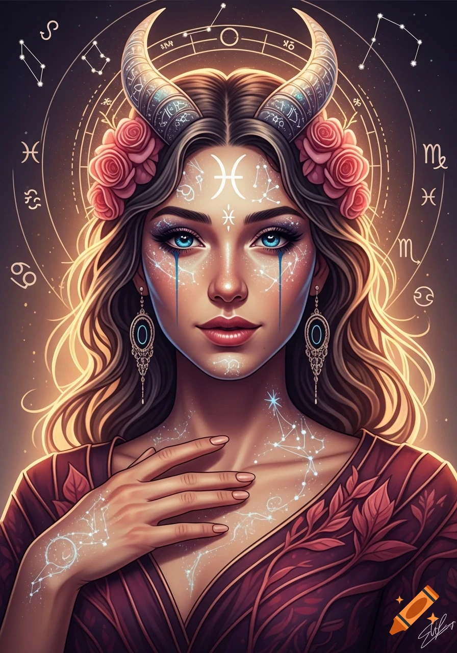 Digital portrait of a woman with long wavy hair, adorned with horns and roses, featuring cosmic makeup and astrological symbols, against a starry background.